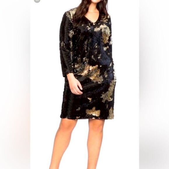 Brand new- Eloquii long sleeve sequin sheath dress- black/gold. Size 24 - Picture 1 of 3